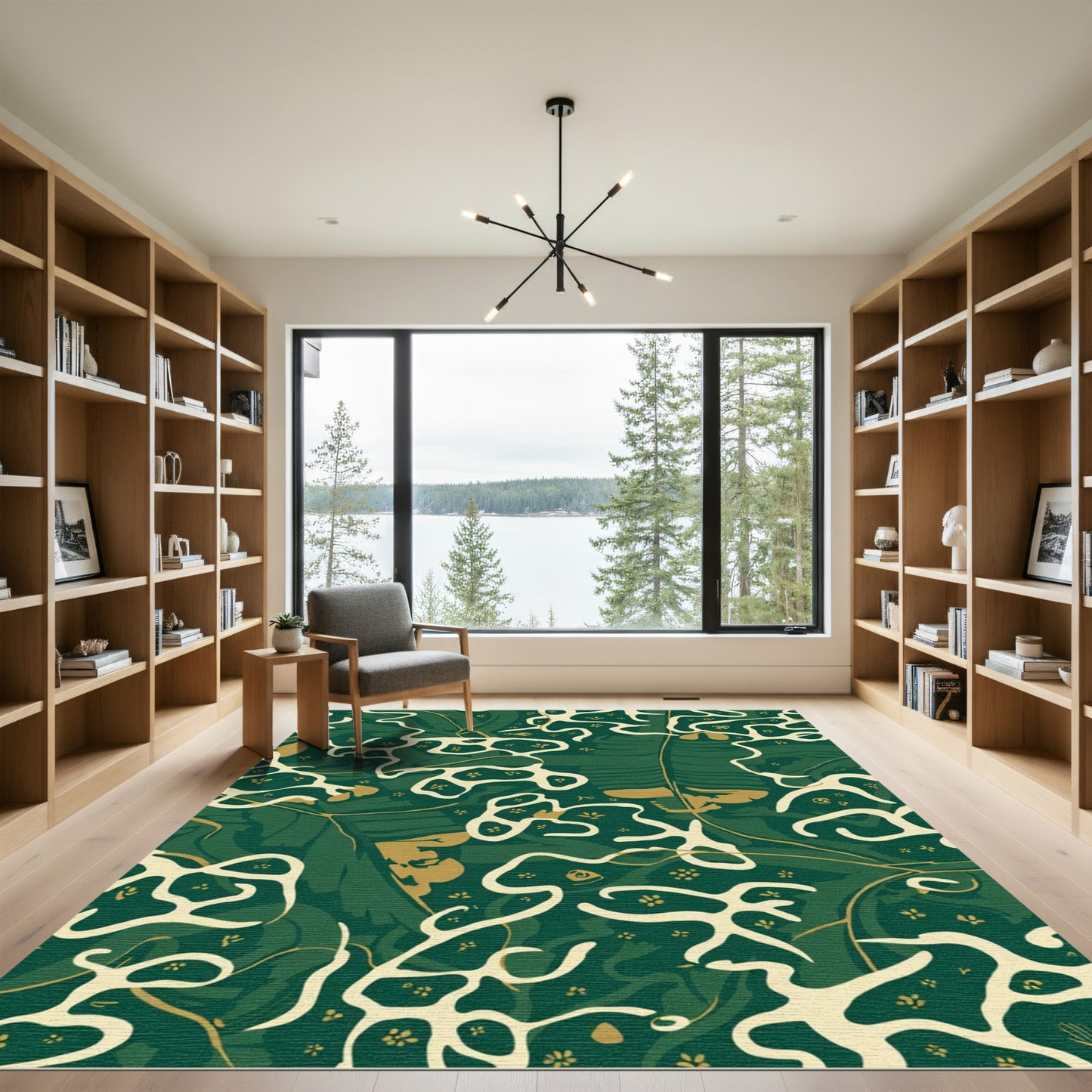 Deep Green Botanical Swirl Abstract Rug