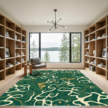 Deep Green Botanical Swirl Abstract Rug
