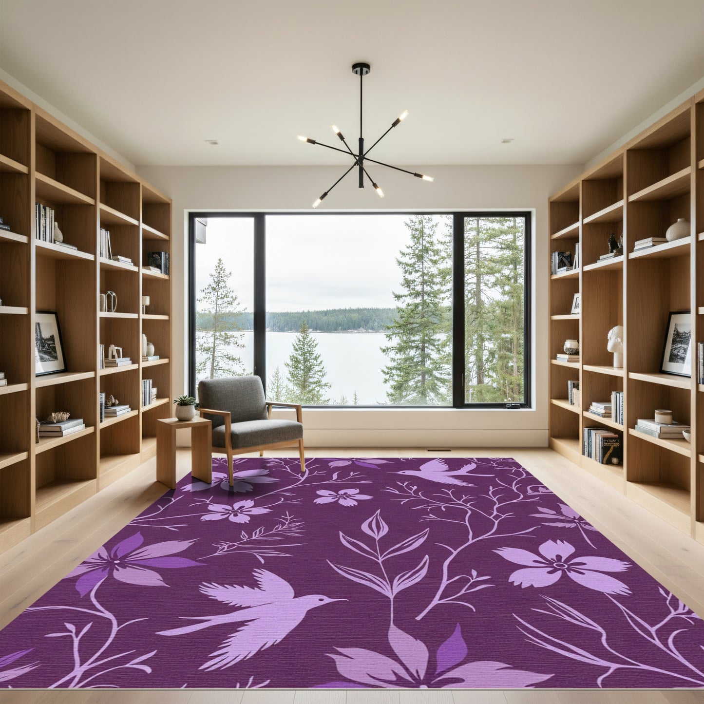 Whimsical Violet Floral Bird Branch Rug