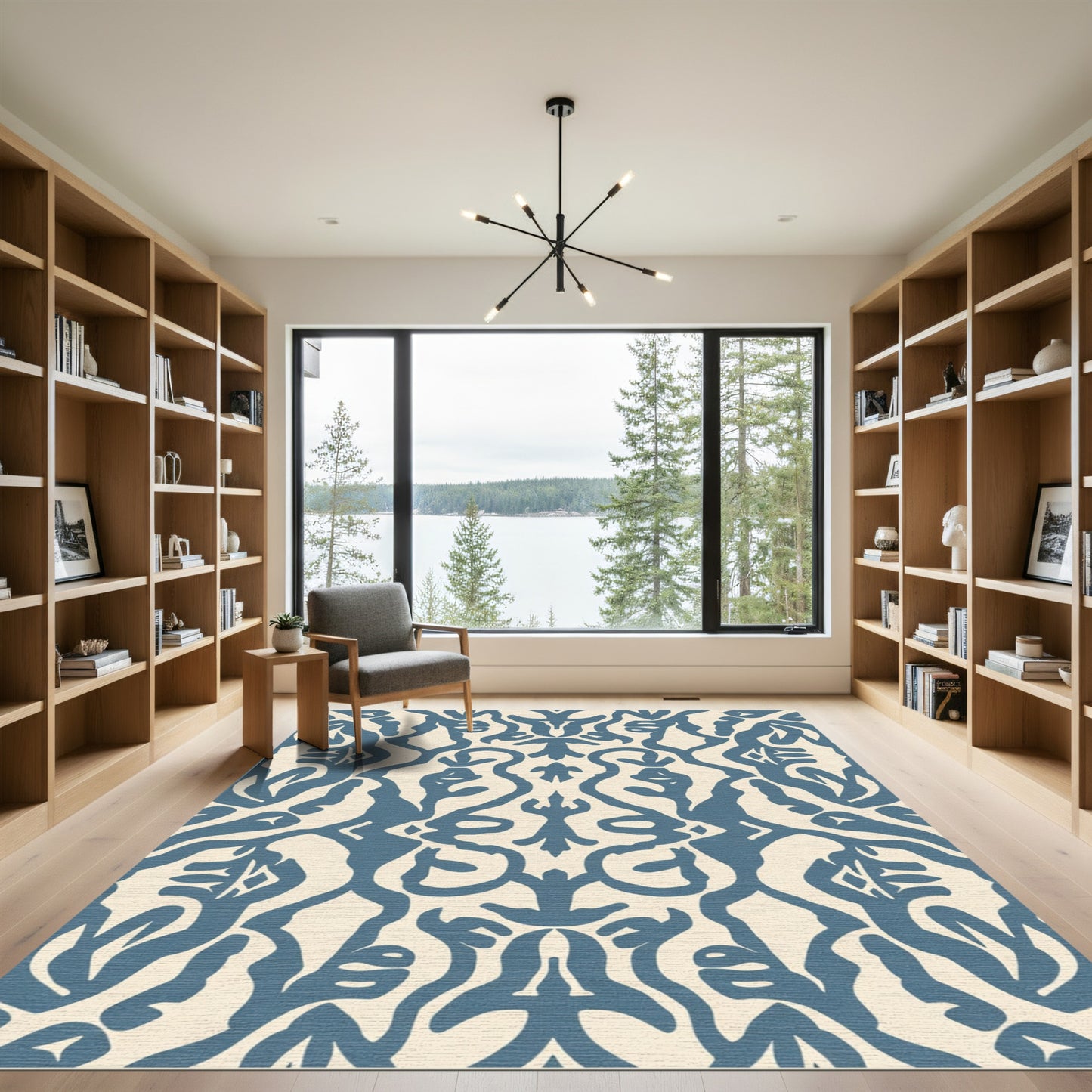 Blue Ivory Abstract Scroll Damask Rug