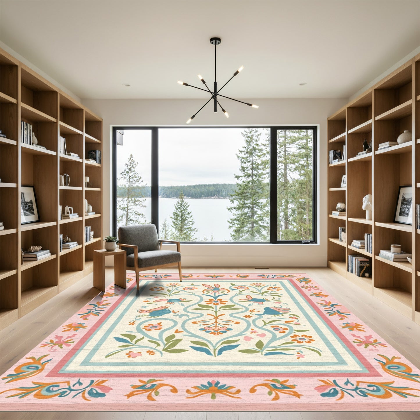 Whimsical Pink Blue Bird Floral Medallion Rug