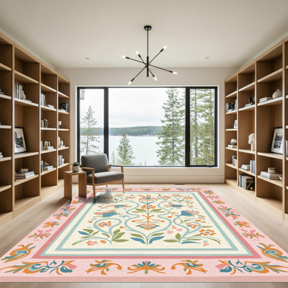 Whimsical Pink Blue Bird Floral Medallion Rug