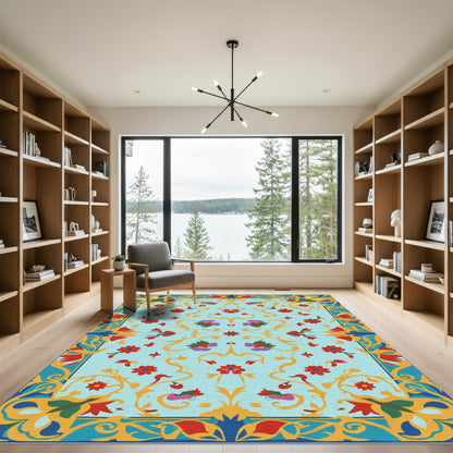 Turquoise Floral Scroll Garden Rug
