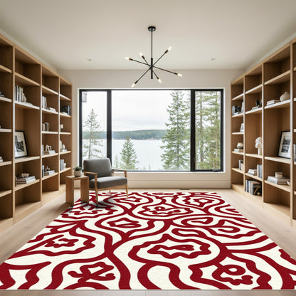 Crimson Ivory Abstract Organic Swirl Rug