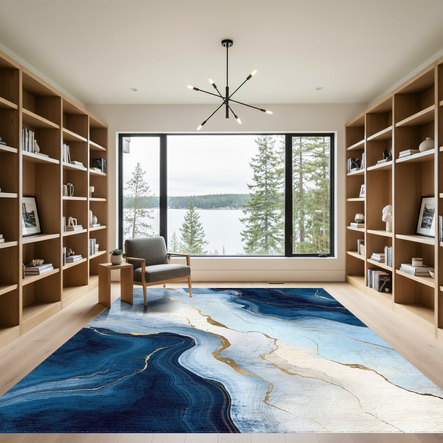 Navy Blue Gold Veined Marble Rug