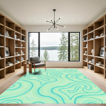 Teal Swirling Fluid Waves Rug