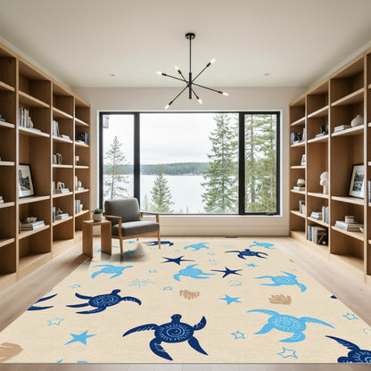 Navy Blue Light Blue Sea Turtle Stars Rug