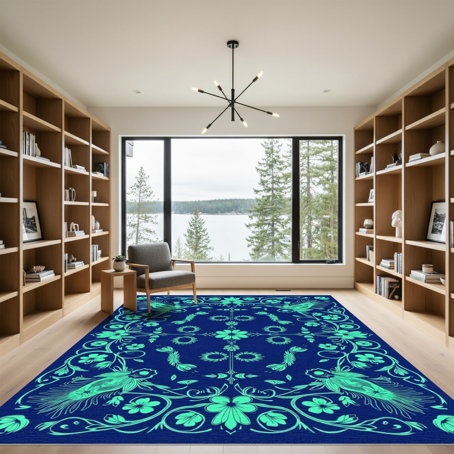 Teal Floral Birds Mandala Rug