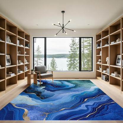Teal Navy Gold Fluid Wave Rug