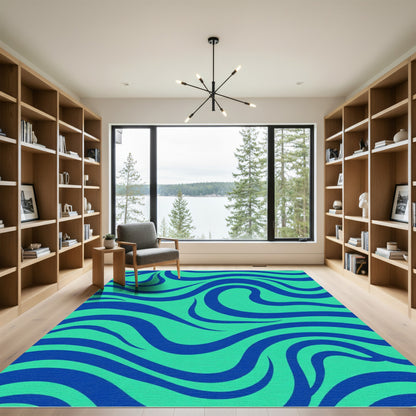 Aqua Blue Swirling Waves Rug