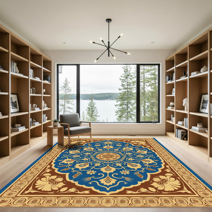 Royal Blue Golden Floral Medallion Rug