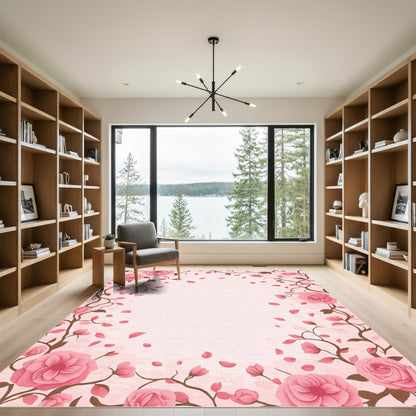 Pink Rose Vine Floral Border Rug