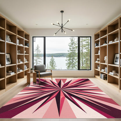 Radiant Crimson Sunburst Geometric Rug