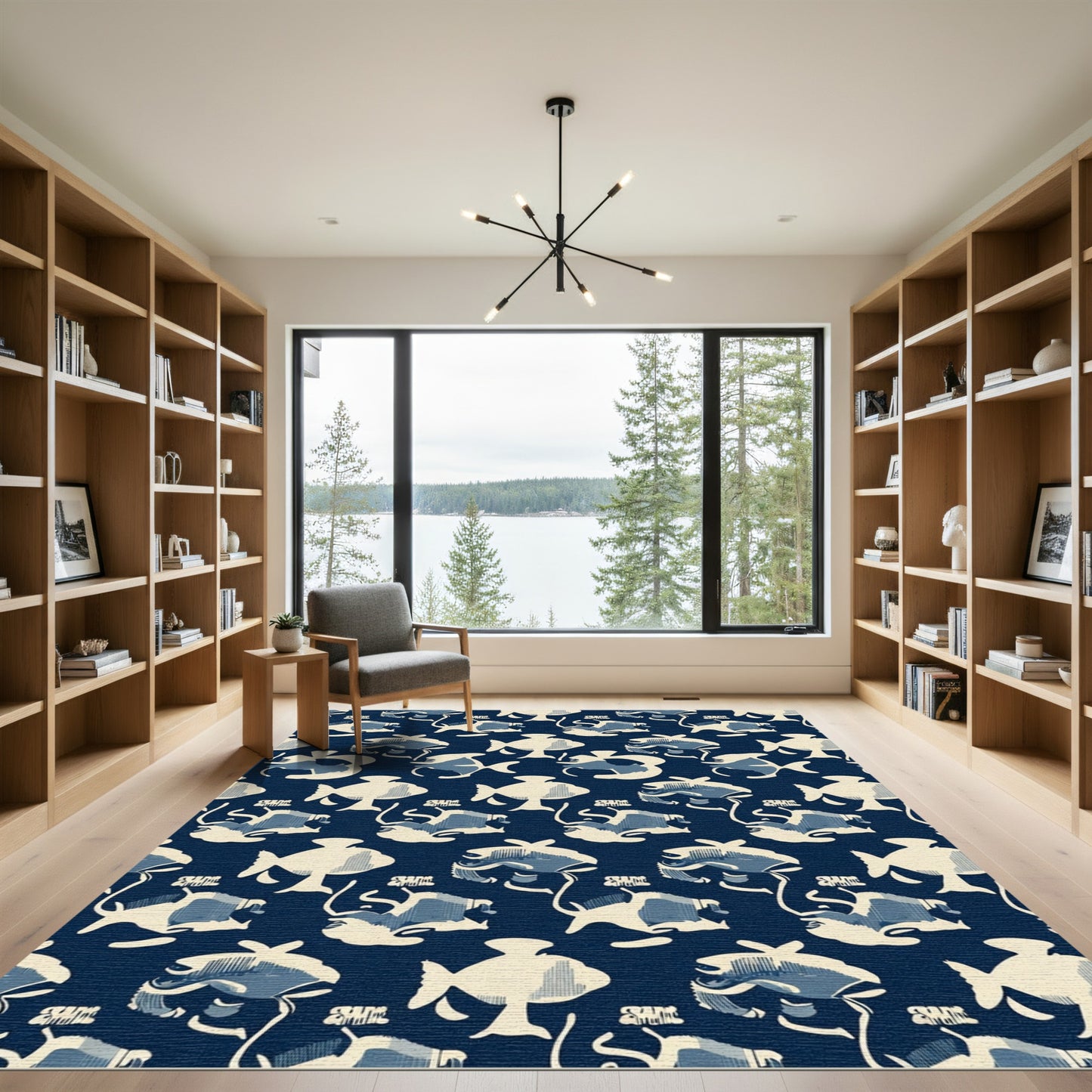 Deep Blue Fish In Cream Rug