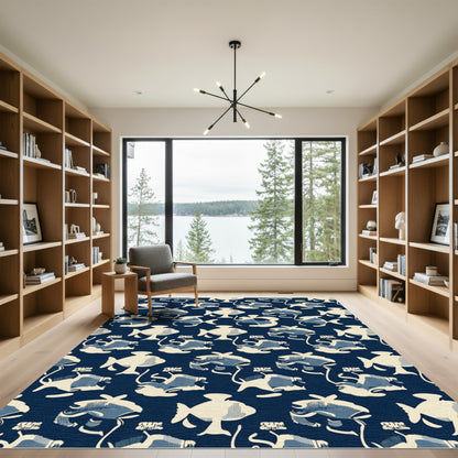 Deep Blue Fish In Cream Rug