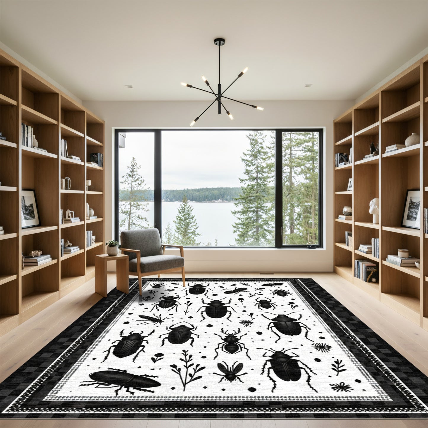 Black Insect Collage With Botanical Accents Rug