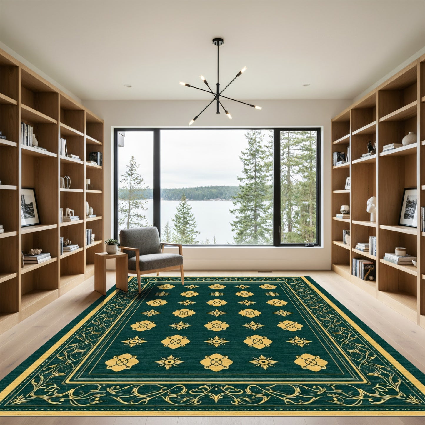 Deep Emerald Gold Floral Symmetry Rug