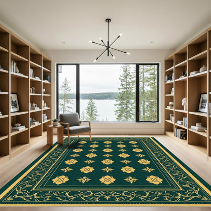 Deep Emerald Gold Floral Symmetry Rug