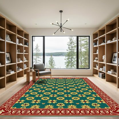 Teal Gold Floral Geometric Border Rug