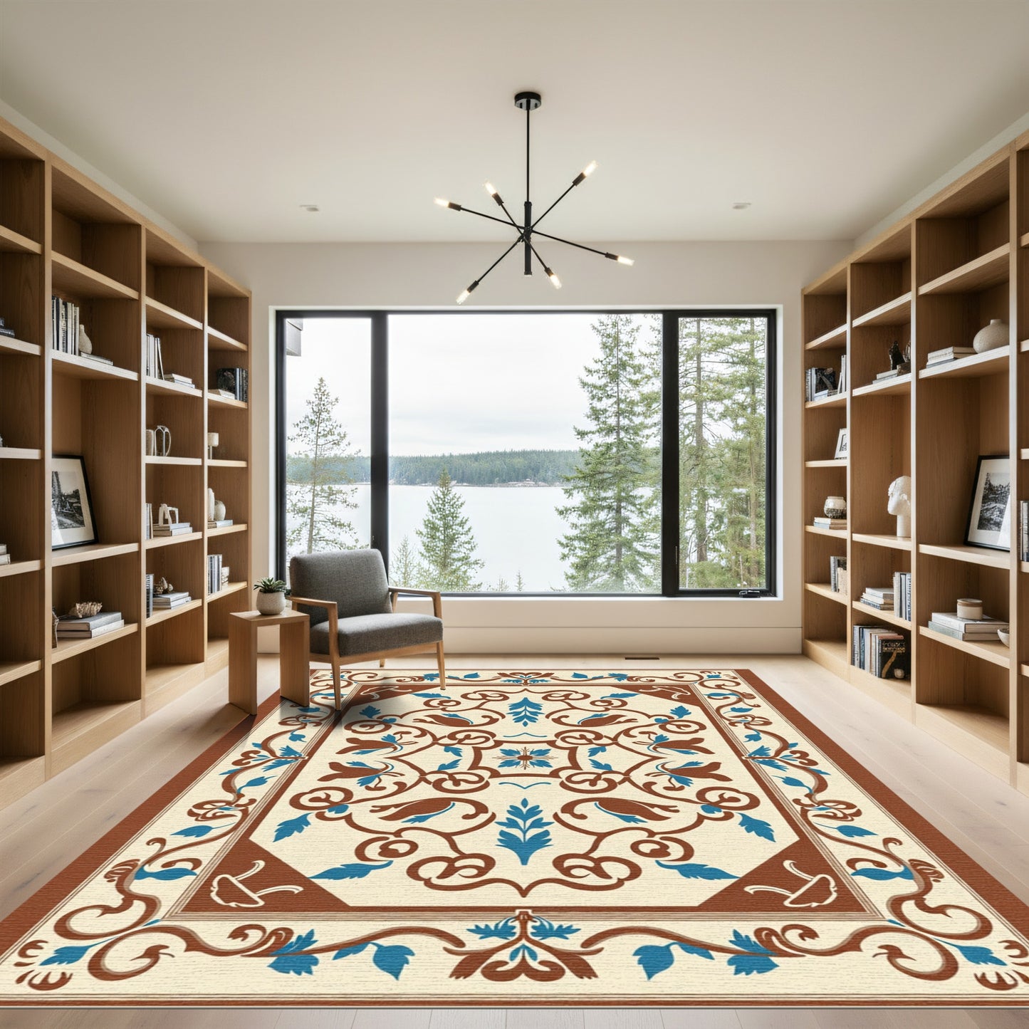Brown Blue Floral Medallion Scrollwork Rug