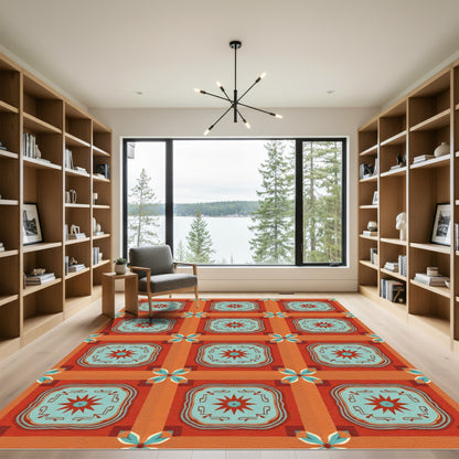 Terracotta Blue Starburst Tile Composition Rug