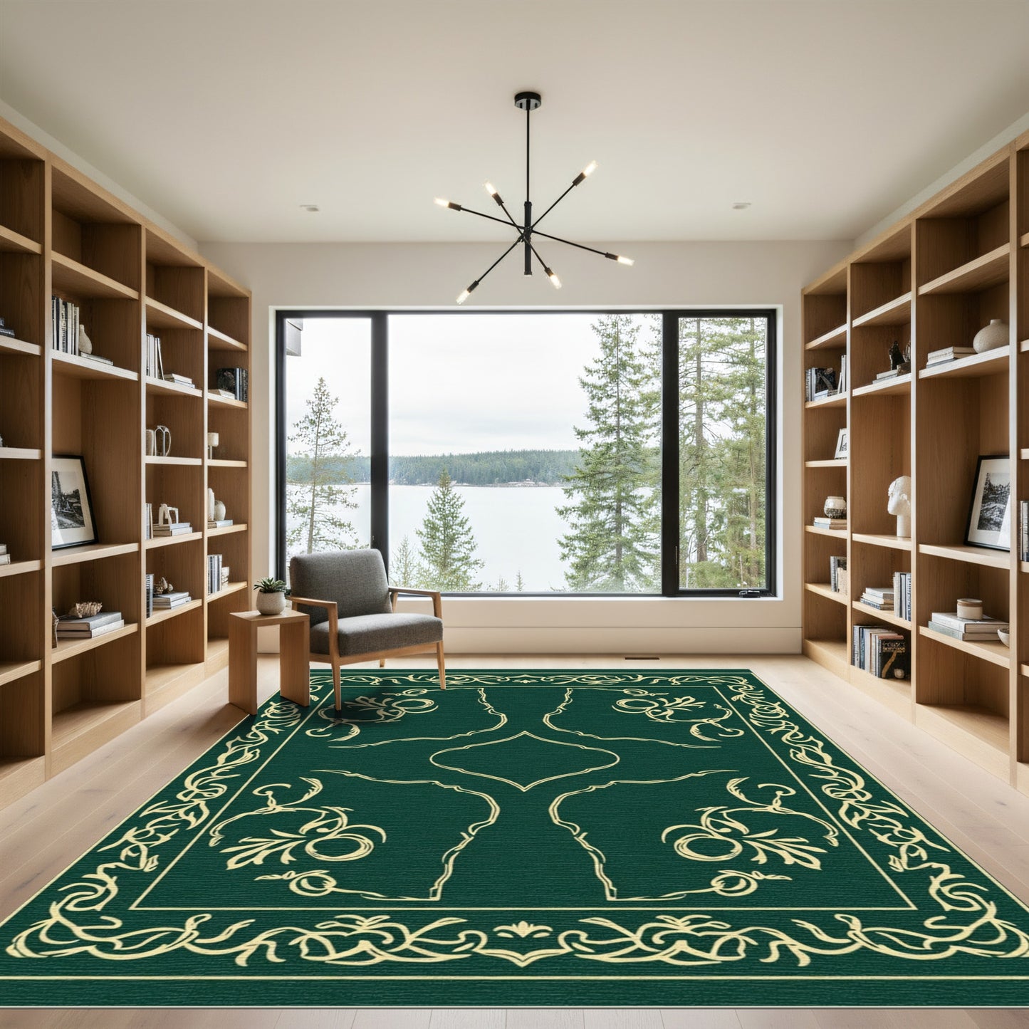 Emerald Green Golden Floral Arabesque Rug
