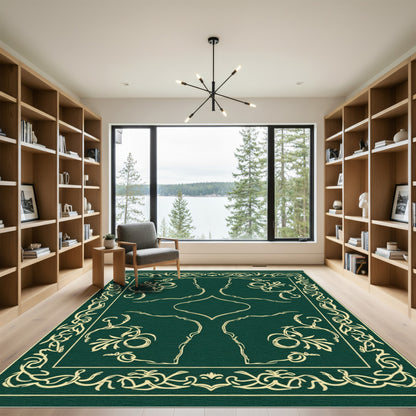 Emerald Green Golden Floral Arabesque Rug