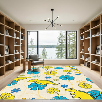 Playful Yellow Dinosaurs Blue Flowers Rug