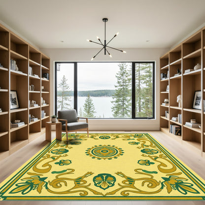 Yellow Green Floral Crested Border Rug