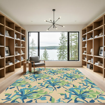 Blue Green Botanical Bloom Pattern Rug