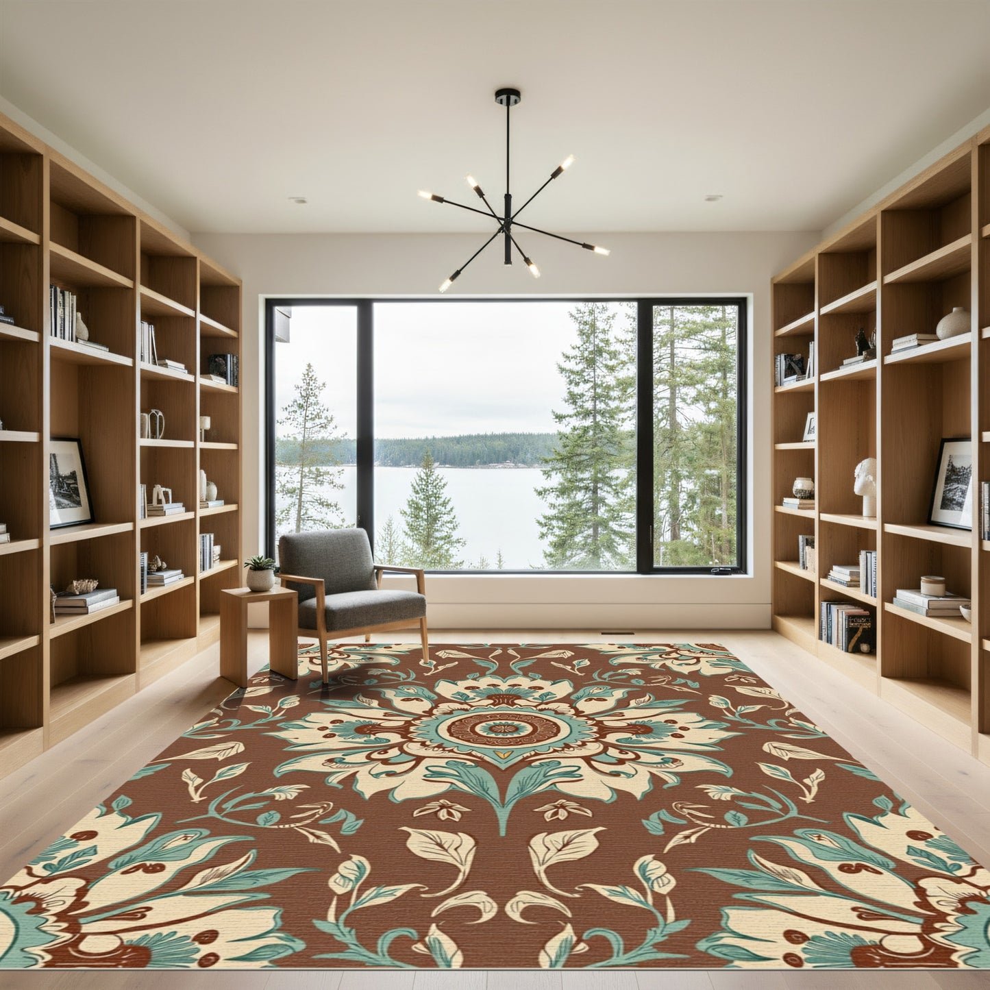Brown Teal Cream Floral Medallion Rug