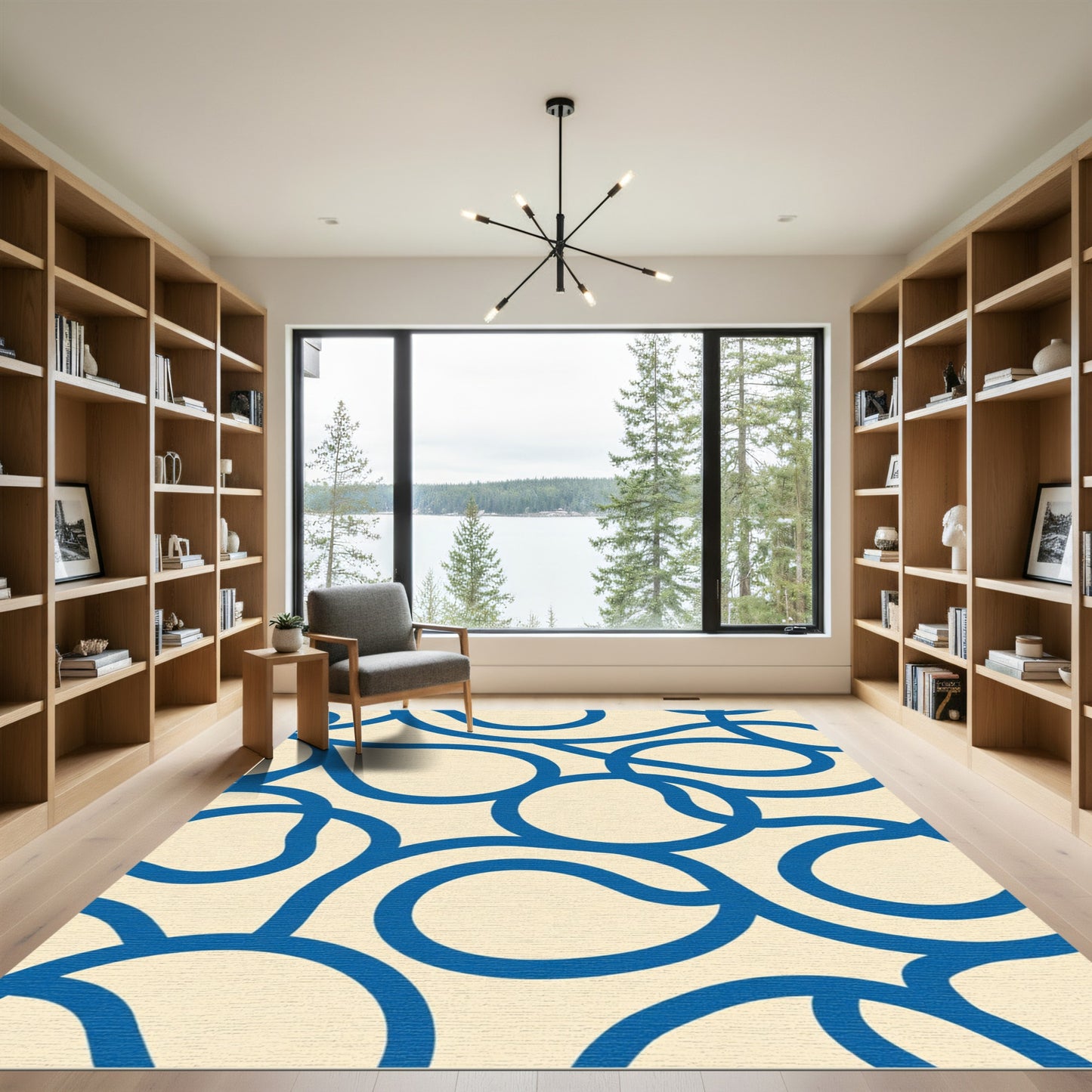 Cream Blue Curving Organic Lines Rug