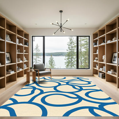 Cream Blue Curving Organic Lines Rug