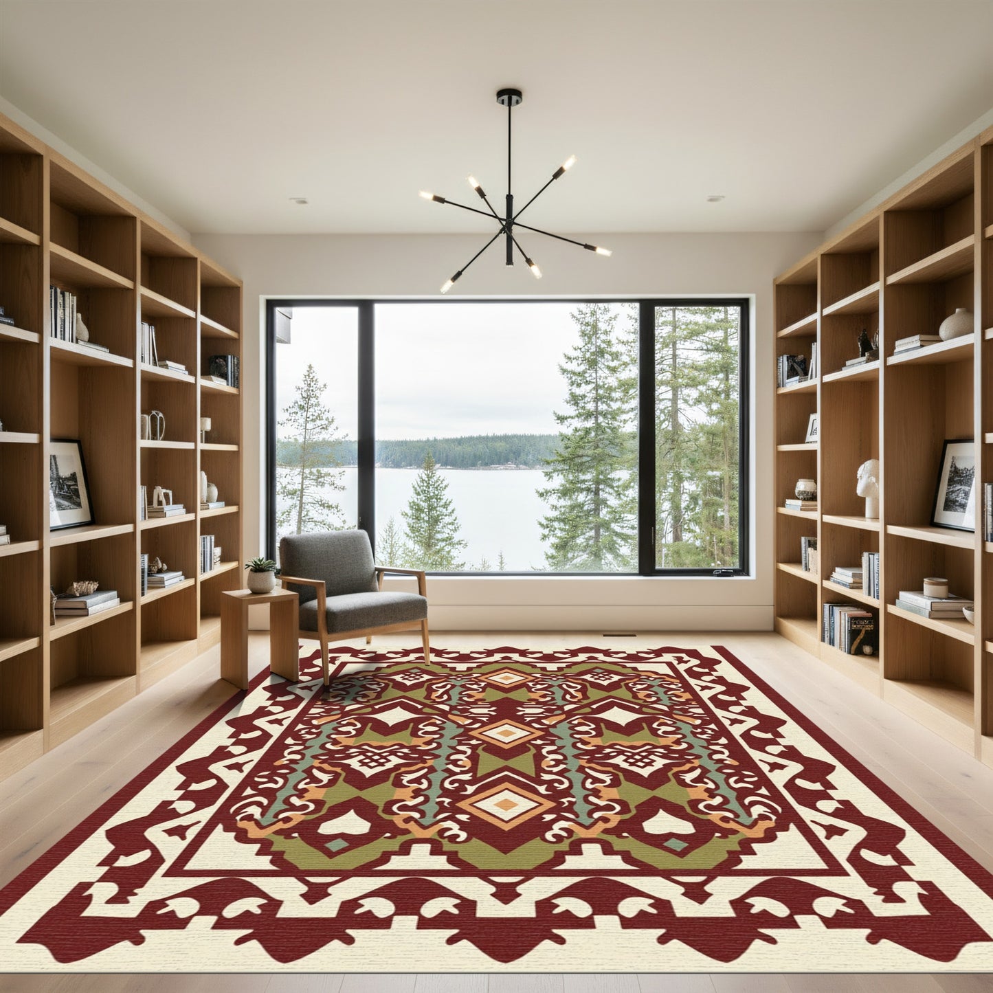 Burgundy Green Diamond Layered Geometric Rug