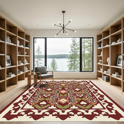 Burgundy Green Diamond Layered Geometric Rug