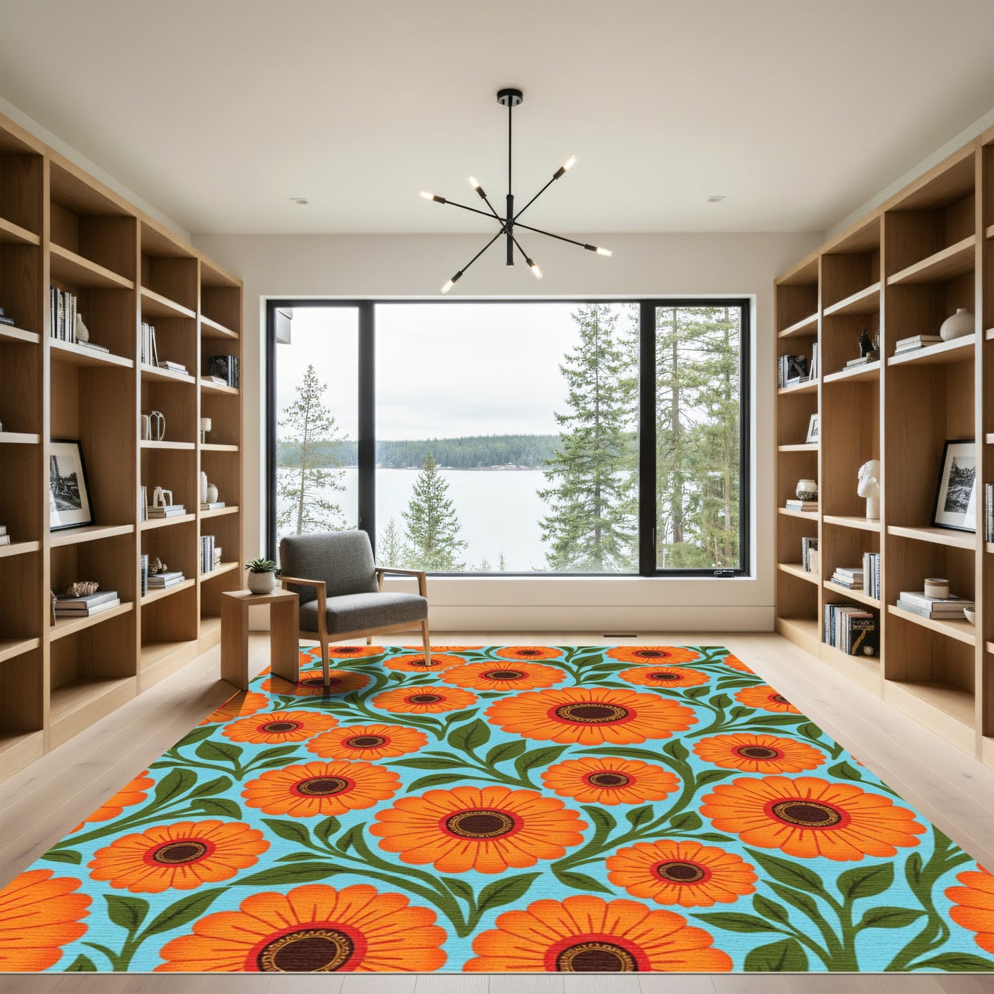 Vibrant Orange Daisy Floral Pattern Rug
