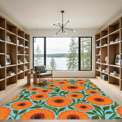 Vibrant Orange Daisy Floral Pattern Rug