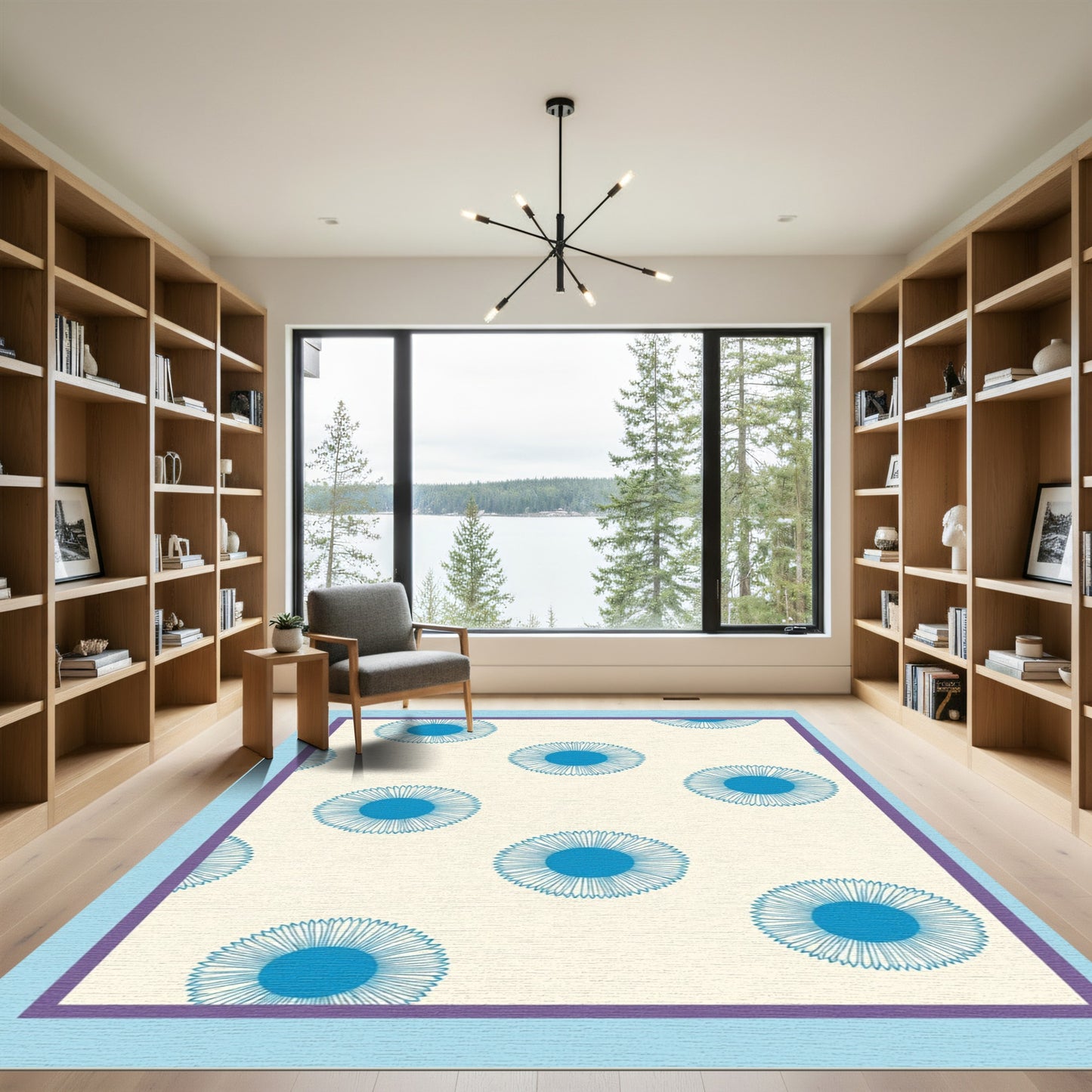 Cream Blue Sunburst Repeat Rug
