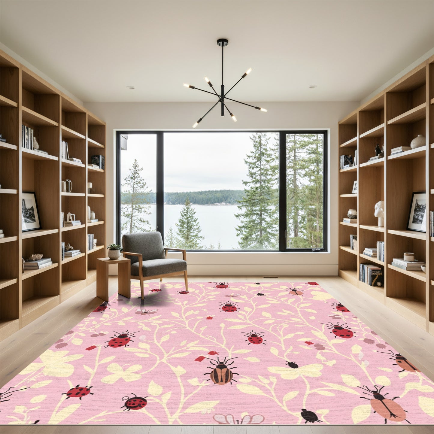 Pink Ladybug Butterfly Floral Vines Rug