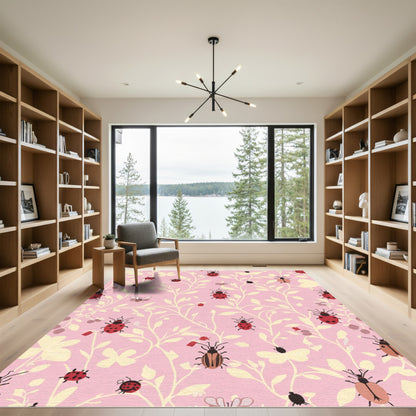 Pink Ladybug Butterfly Floral Vines Rug