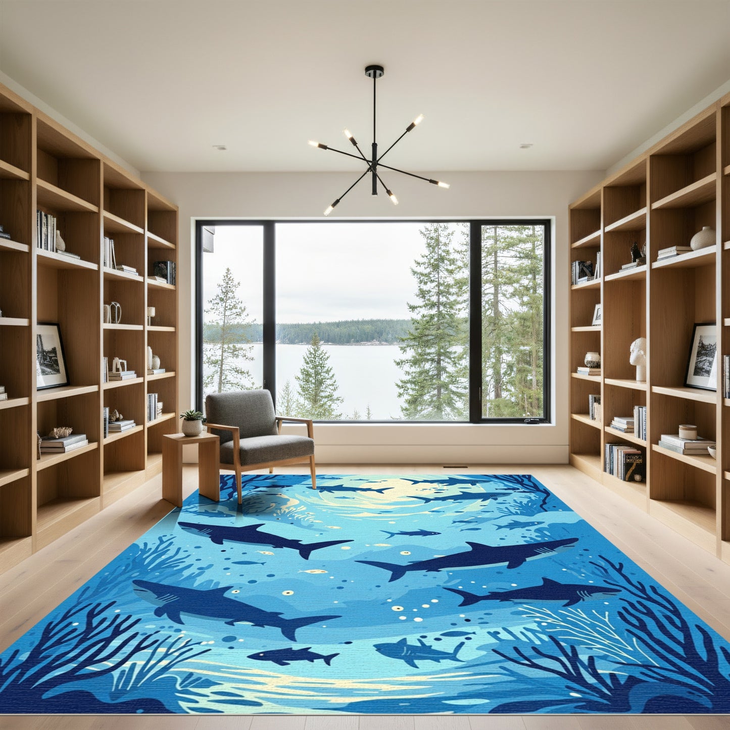 Deep Blue Shark School Ocean Scene Rug