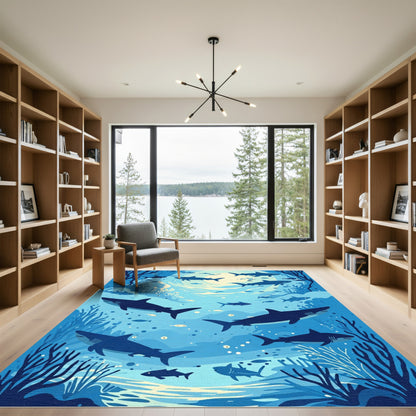 Deep Blue Shark School Ocean Scene Rug