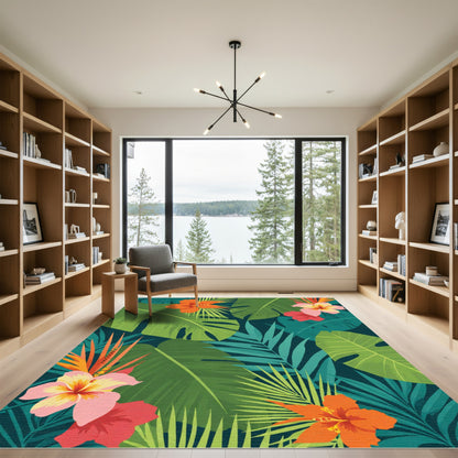 Vibrant Tropical Hibiscus Leaf Arrangement Rug