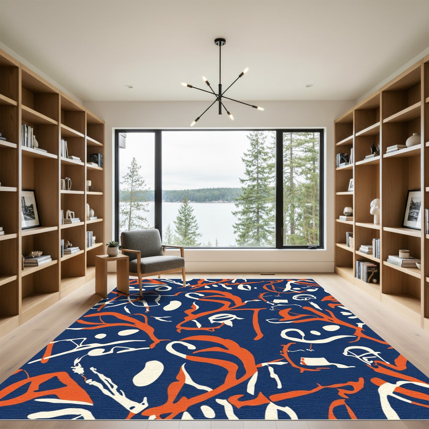 Navy Blue Orange White Abstract Swirl Rug