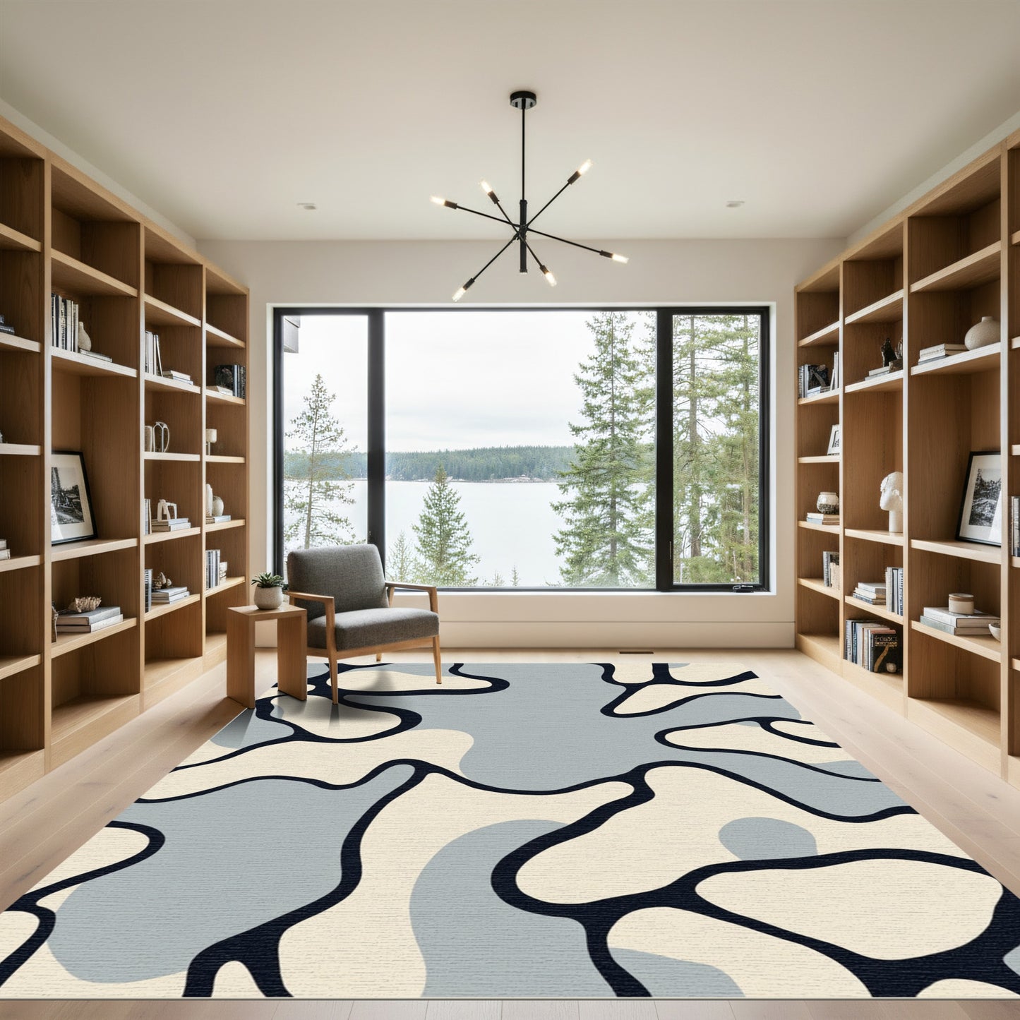 Abstract Cream Navy Organic Flow Rug