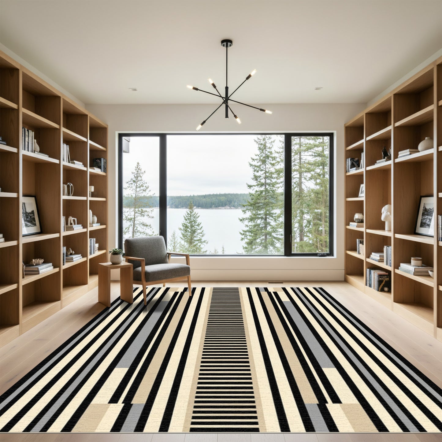Modern Black Cream Striped Column Rug