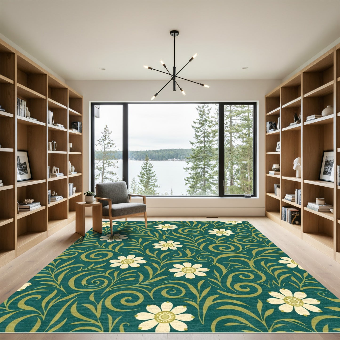 Deep Teal Floral Swirl Botanical Rug