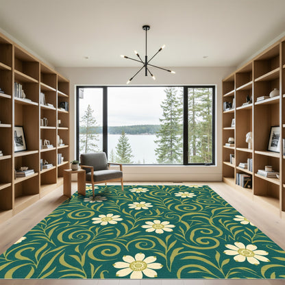Deep Teal Floral Swirl Botanical Rug