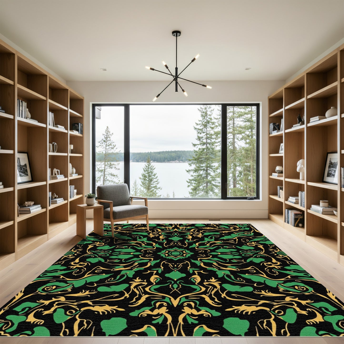 Golden Green Abstract Floral Symmetry Rug