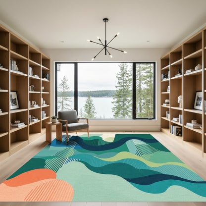 Teal Emerald Abstract Wavy Stripes Rug